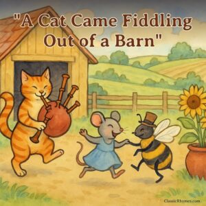 A cat comes out of a barn with bagpipes while a mouse and bee dance