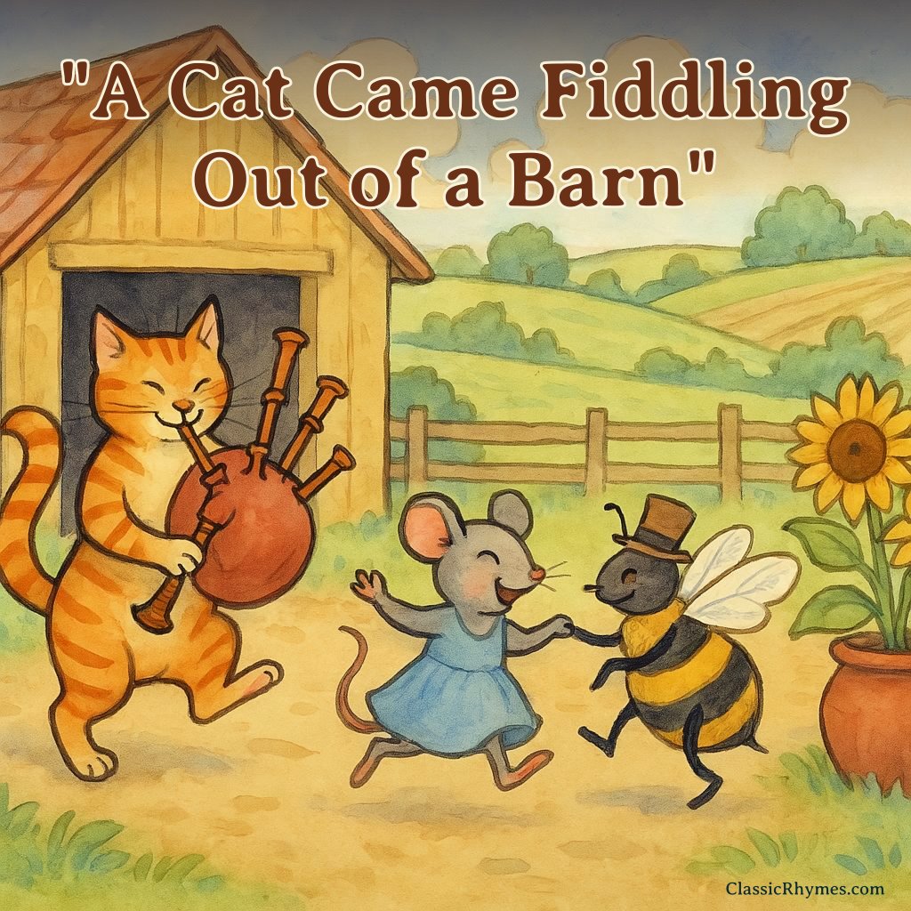 A cat comes out of a barn with bagpipes while a mouse and bee dance