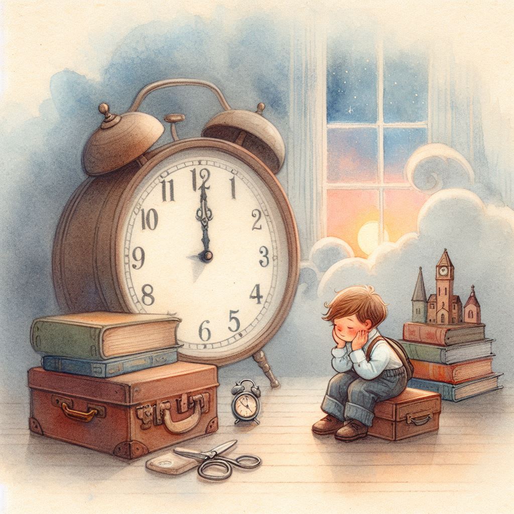 A young schoolboy daydreams next to a giant clock