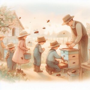 Children help adult farmers at the apiary