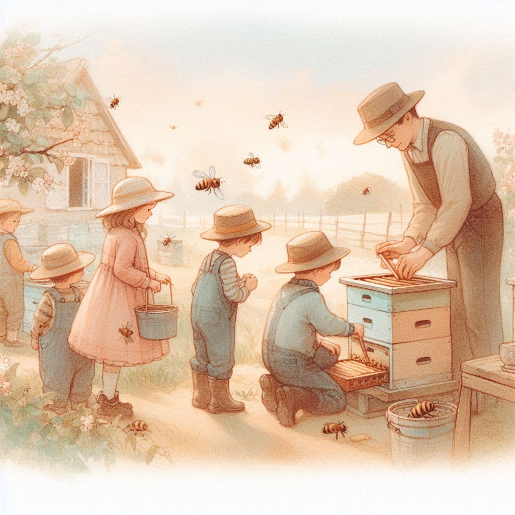 Children help adult farmers at the apiary