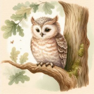 An owl sitting in an oak tree