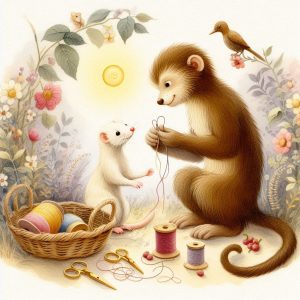 A monkey and weasel sharing needle and thread