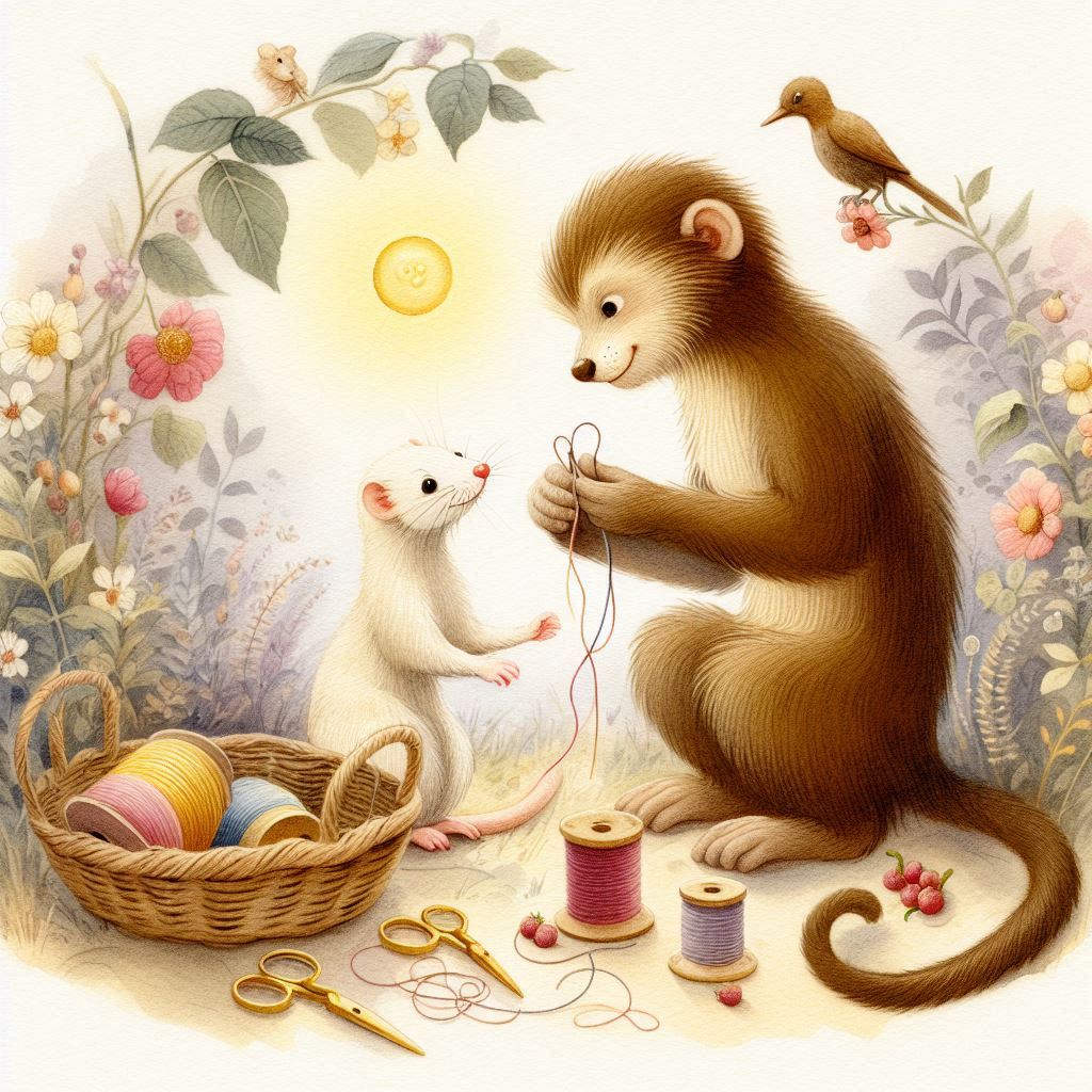 A monkey and weasel sharing needle and thread
