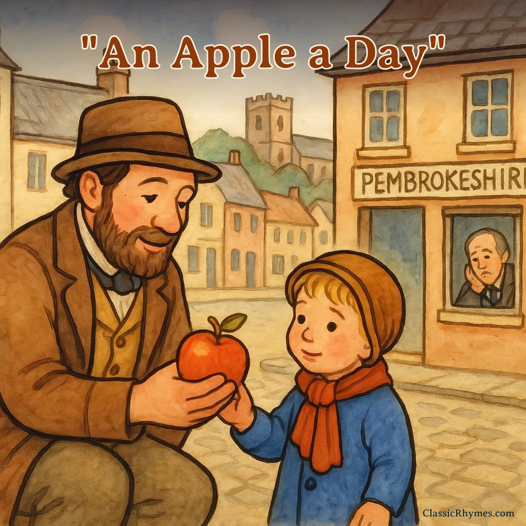 An Apple A Day Father hands teh child an apple as the doctor in the background is bored with no customers