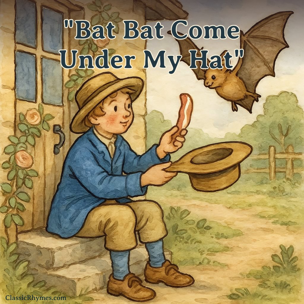 Bat Bat Come Under My Hat A young person negotiates with a little bat to come into their hat in exchange for a strip of bacon they are holding in hand