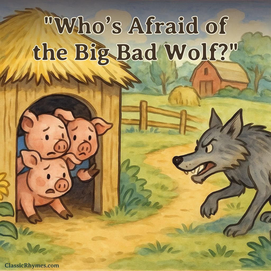 Big Bad Wolf Three little pigs hiding in a pig house from the lurking big bad wolf