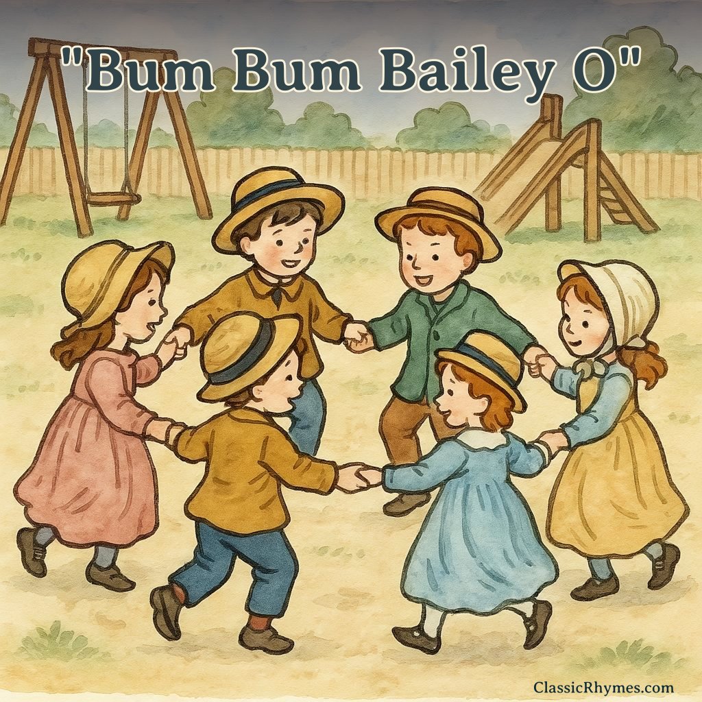 Bum Bum Bailey O Six children in a circle holding hands and skipping and chanting together
