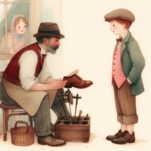 Boy talking with cobbler