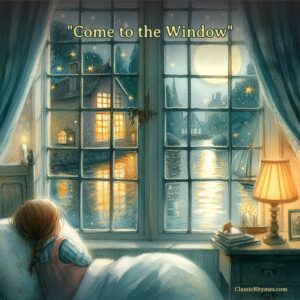 A child looks out at the water through a window at bed time