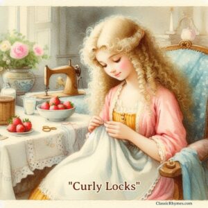 Girl with curly hair mends a seam