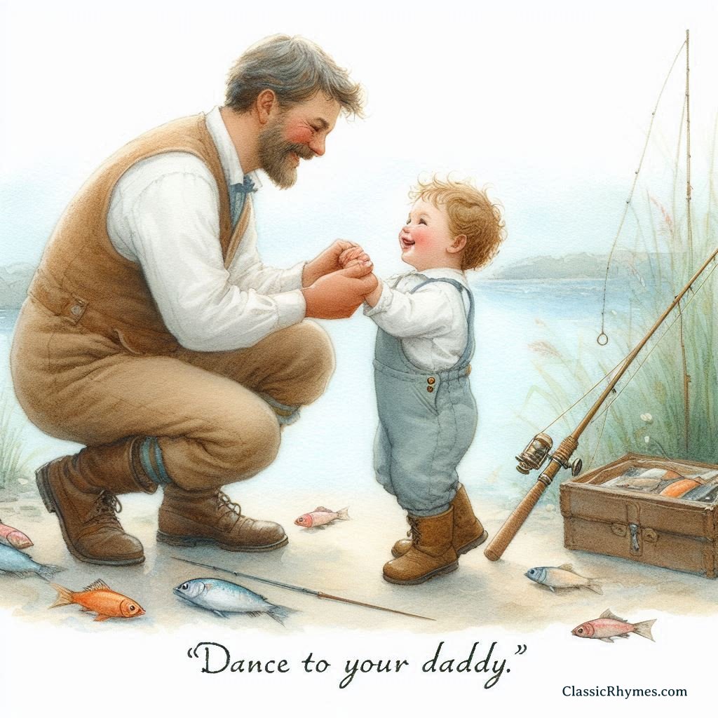 A fisherman father bonds with his happy, dancing toddler boy