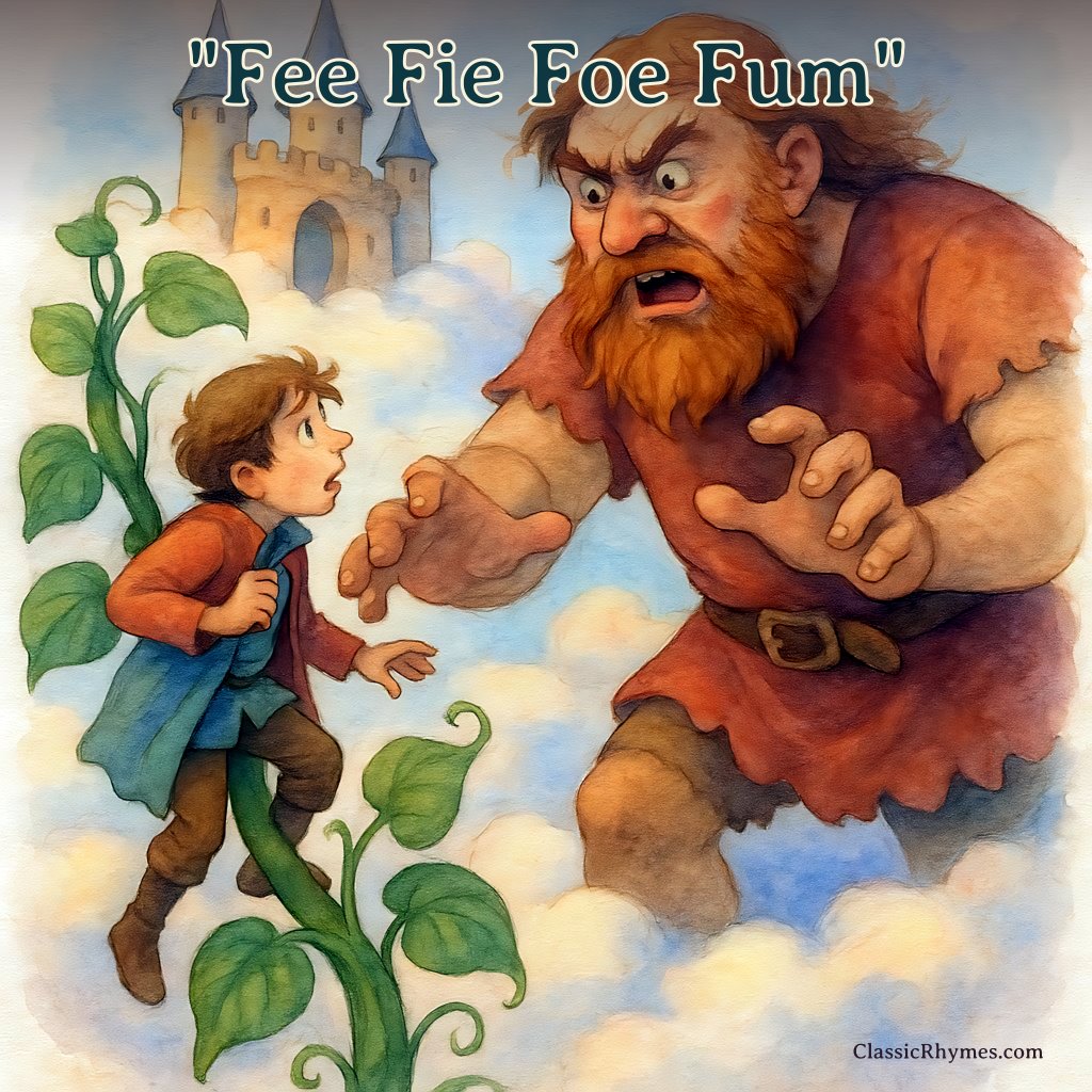 Jack at the top of the stalk is startled by the giant
