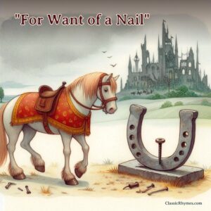 A rider-less horse next to a statue of horse-shoe and nail