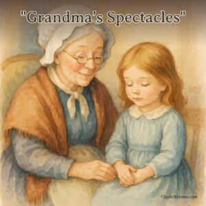 Grandma wearing bonnet and spectacles sits with little girl