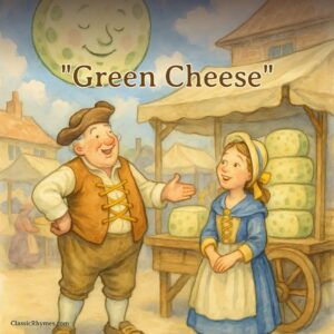 Chatting at the marketplace next to wheels of green cheese