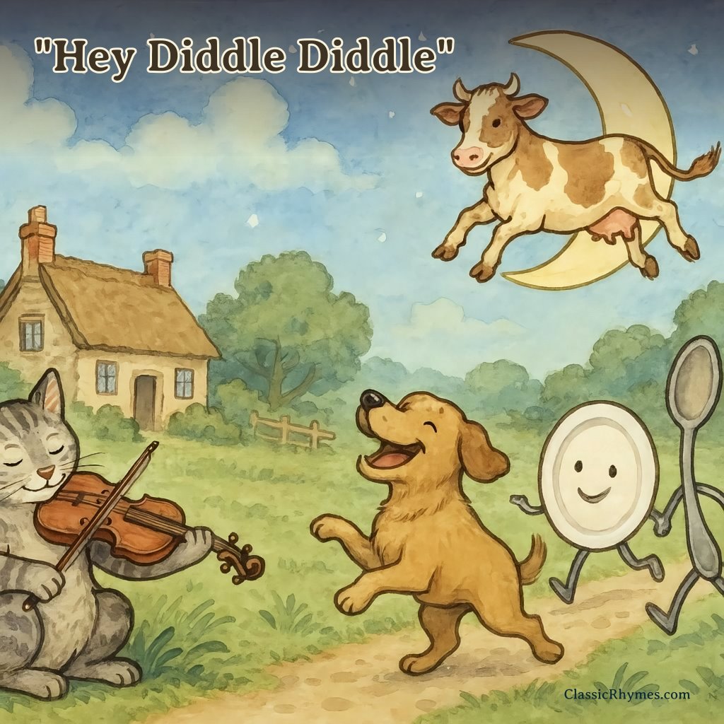 Cat, cow, dog, spoon, and dish all having fun together