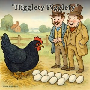 The black hen displays eggs for the gentlemen