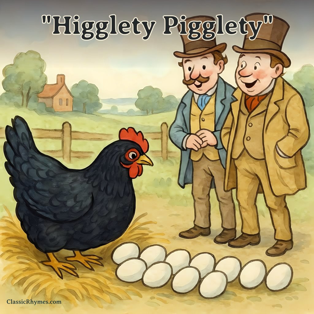 The black hen displays eggs for the gentlemen