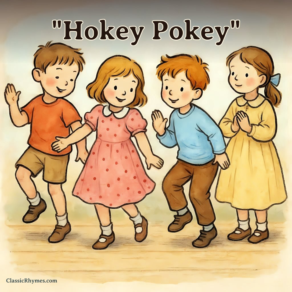 Four children performing the Hokey Pokey dance