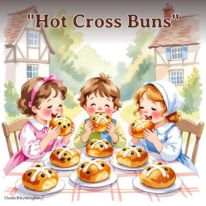 Children sitting at a table outside enjoying hot cross buns