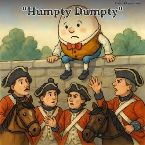 Humpty Dumpty sits on the wall while the soldiers below seem concerned