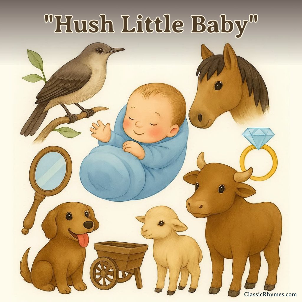 All the characters from the rhyme "Hush Little Baby"