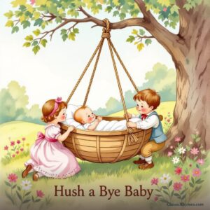 Baby in a cradle hanging from a tree branch as brother and sister watch over