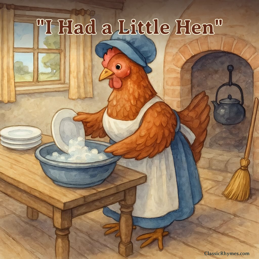 A hen washing the dishes