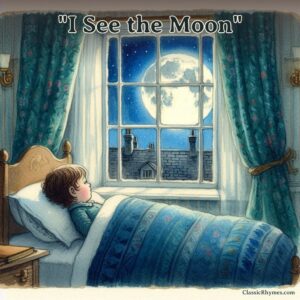 A child tucked in for bed sees the full moon through the window