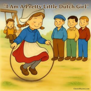Little Dutch girl jumping rope at the playground as little boys look on