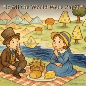 Boy and girl at a picnic ponder beverage in a world of paper, ink, bread and cheese
