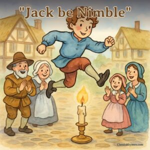 Jack leaps over the candlestick while people watch and clap
