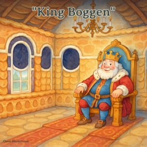 King Boggen sits upon his throne in his hall made of pastries