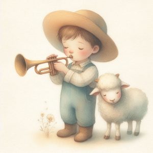 Little Boy Blue playing a horn and standing next to a little sheep