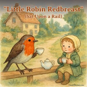A robin sitting on a rail is having a cup of tea with a child