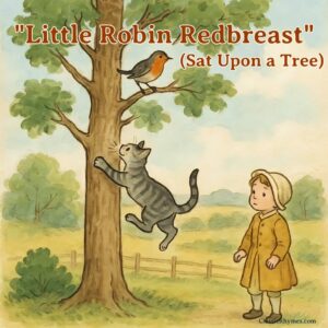 A cat chases the robin up a tree as a child watches on