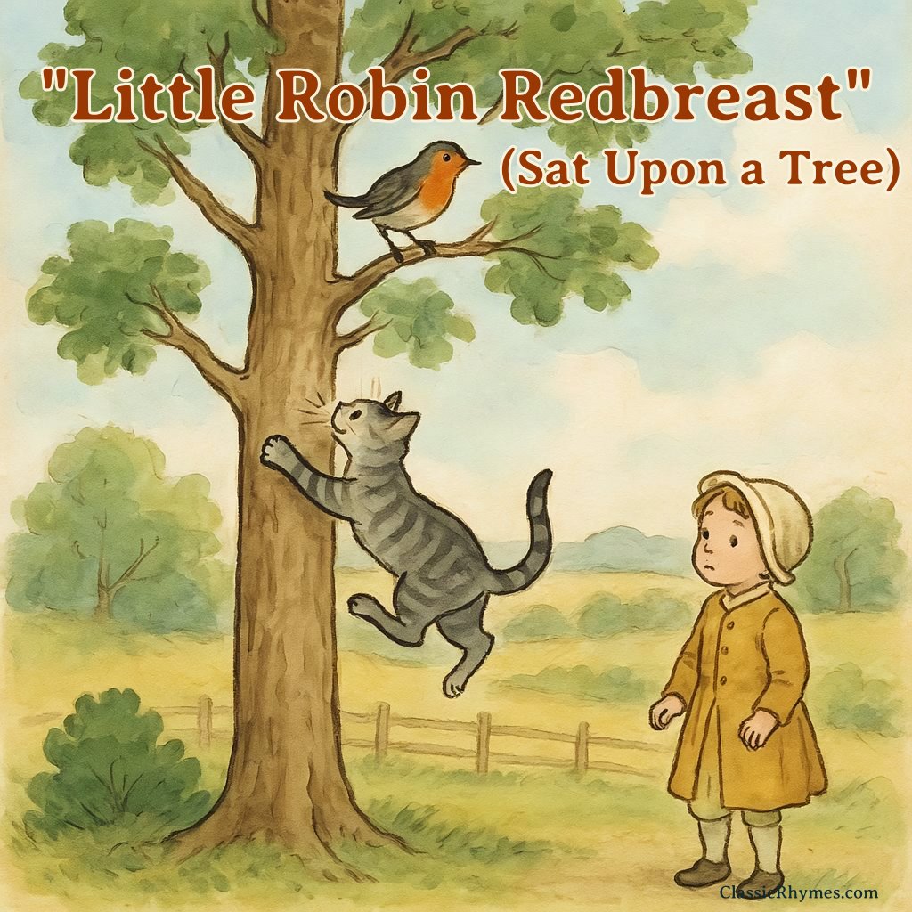 A cat chases the robin up a tree as a child watches on