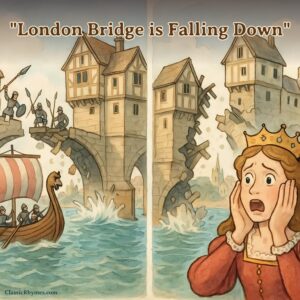 The fair lady looks on in horror as the London Bridge falls down
