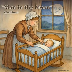 Mother puts baby to bed as the moon comes up