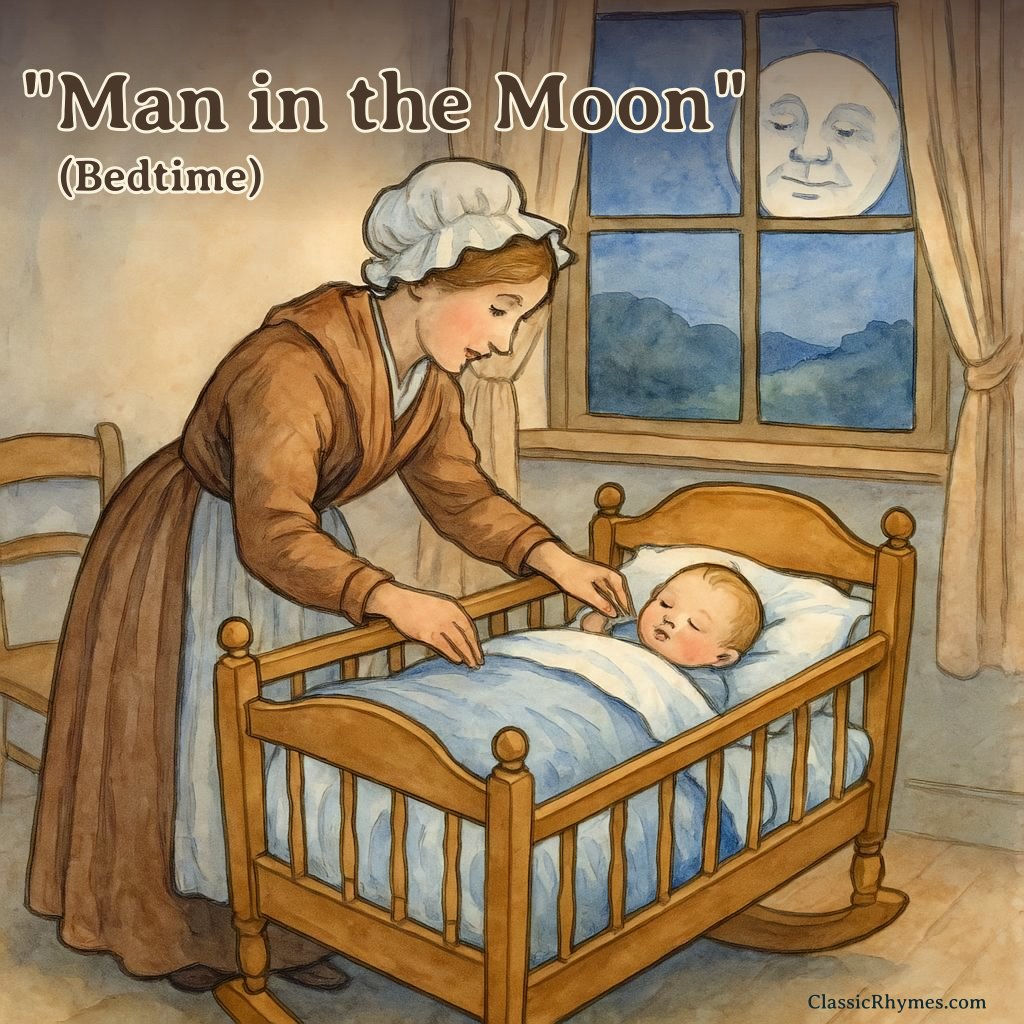Mother puts baby to bed as the moon comes up
