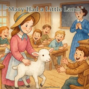 Children are happy but teacher shocked to see Mary bring her lamb into the classroom