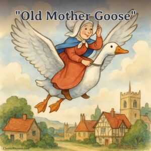 Old Mother Goose flies on her gander over the countryside