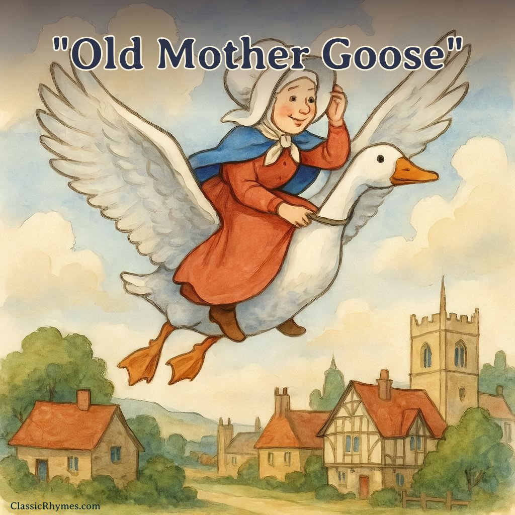 Old Mother Goose flies on her gander over the countryside