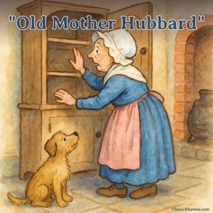 Old Mother Hubbard looks into her empty cupboard to the dismay of her disappointed dog