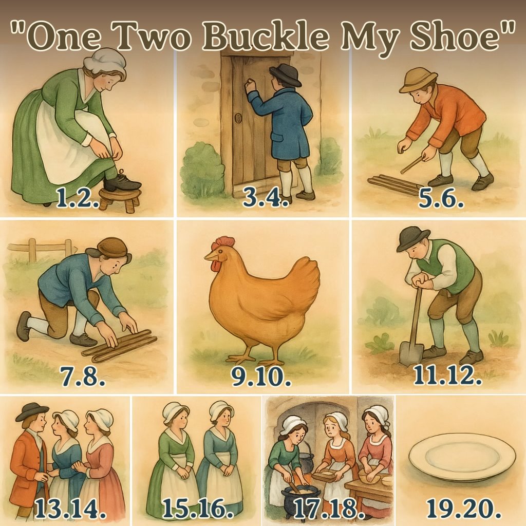 All the actions from the "One Two Buckle My Shoe" nursery rhyme