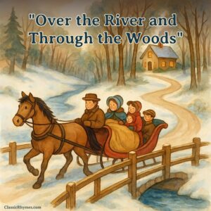 A family heads off through the snow to grandmother's house in a one-horse open sleigh
