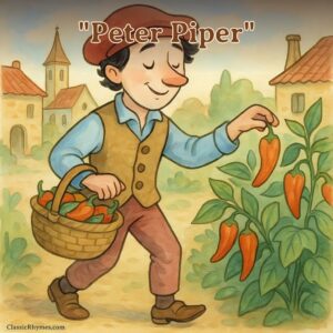 Peter Piper picks peppers from the tree and places them in his basket