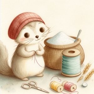 Cute rodent with needle and thread standing next to a sugar bowl