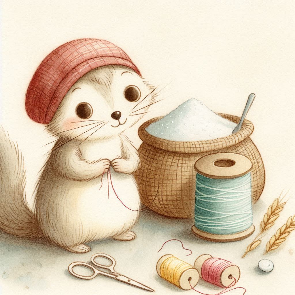 Cute rodent with needle and thread standing next to a sugar bowl